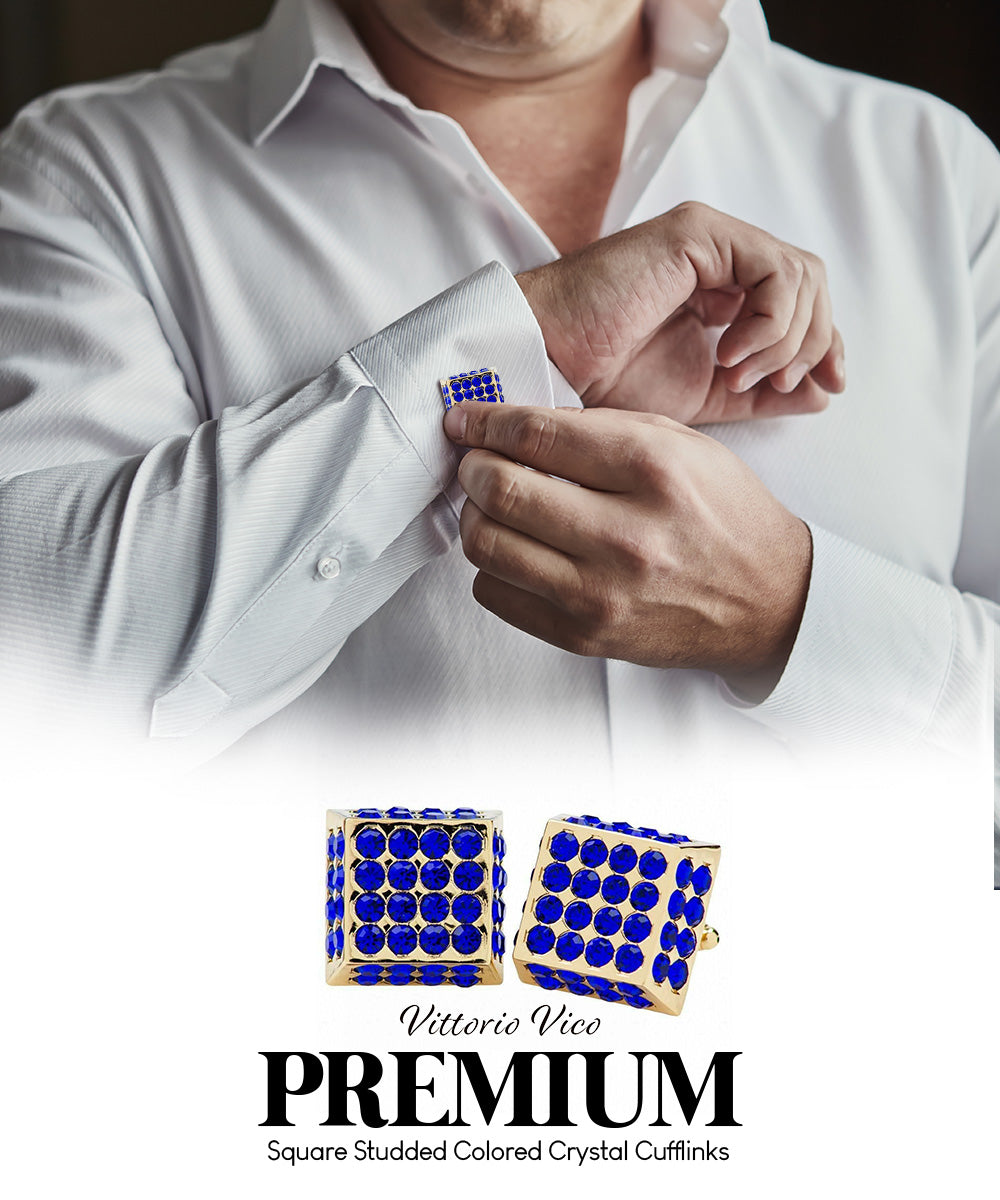 Vittorio Vico Men's Large Square Studded Colored Crystal Cufflinks: CL76XX Series