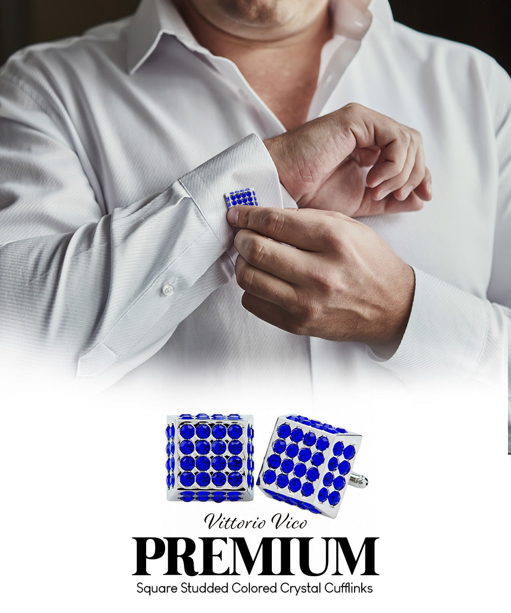 Vittorio Vico Men's Large Square Studded Colored Crystal Cufflinks: CL76XX Series