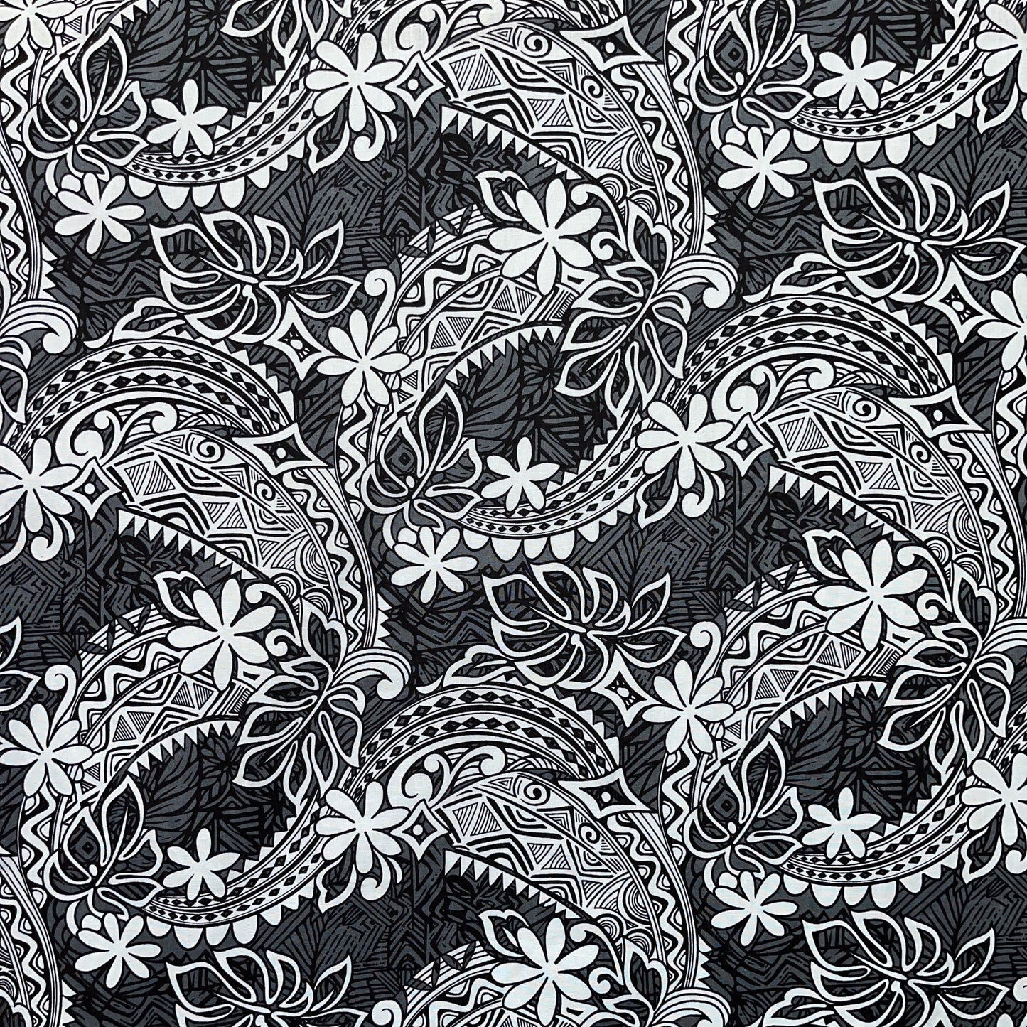Tiare & Monstera Leaf Tribal Design Cotton Fabric | Islands Fabric