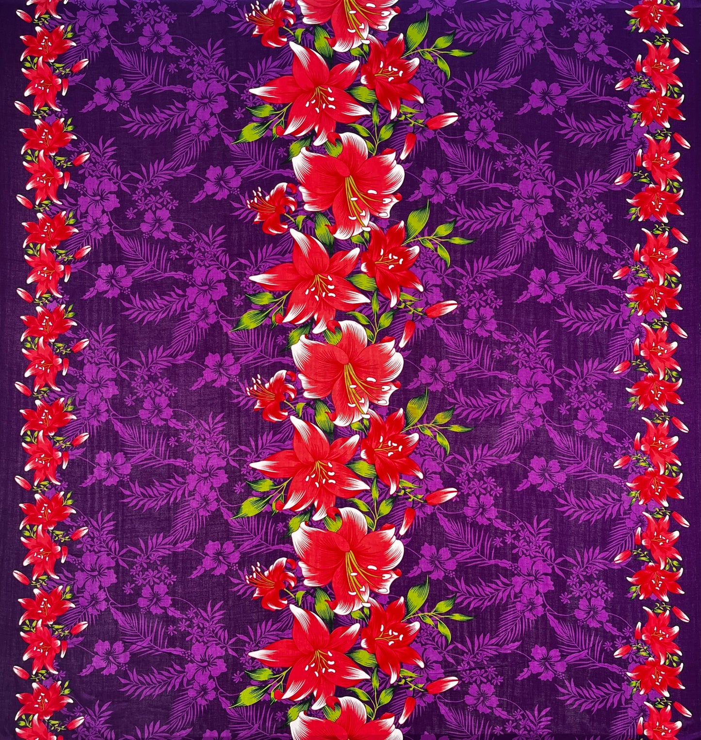Triple Lily Border with tropical Flowers & Leaves Rayon Fabric | Islands Fabric