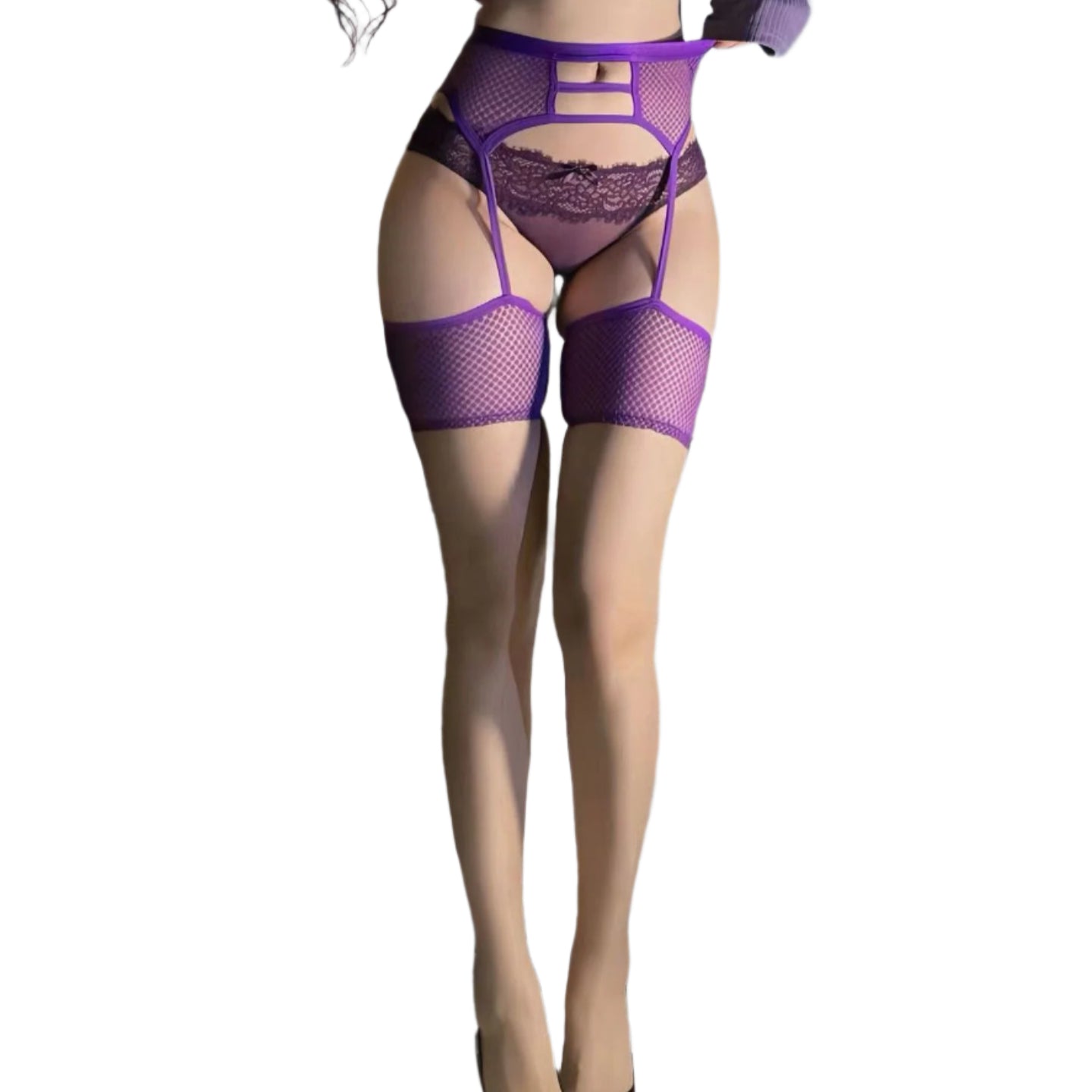 Purple lingerie set with fishnet stockings on a gray background