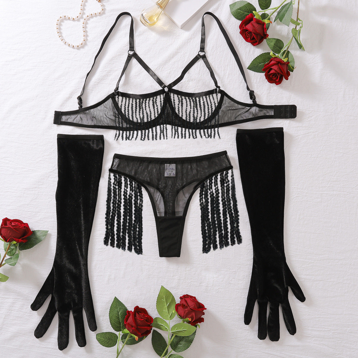 Sexy Underwear Three Piece Set Sheer Mesh Temptation Sequ Chain Sexy Set with Gloves