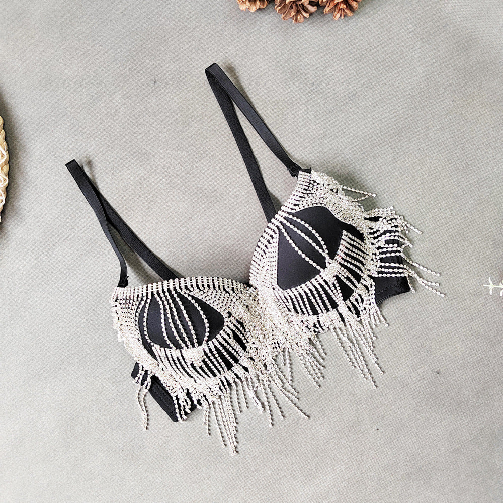 Rhinestone Tassel Bead Small Bra Super Short Sexy Top Top Thin Bottom Thick Shaping Bra Outer Wear Nightclub Wrapped Chest