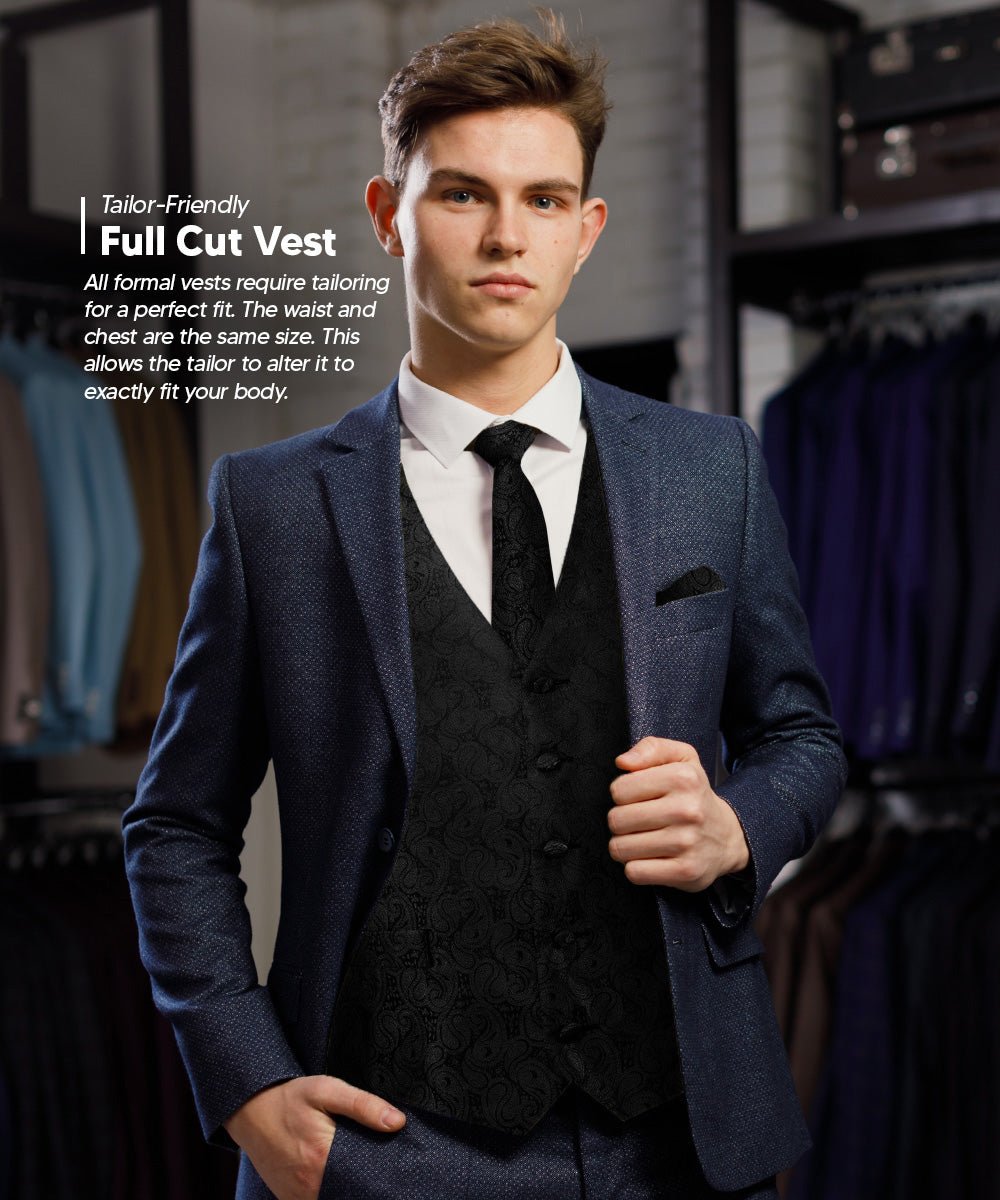 Vittorio Farina Men's Woven Paisley Vest, Necktie, Bow Tie and Pocket Square Set (Black Back)