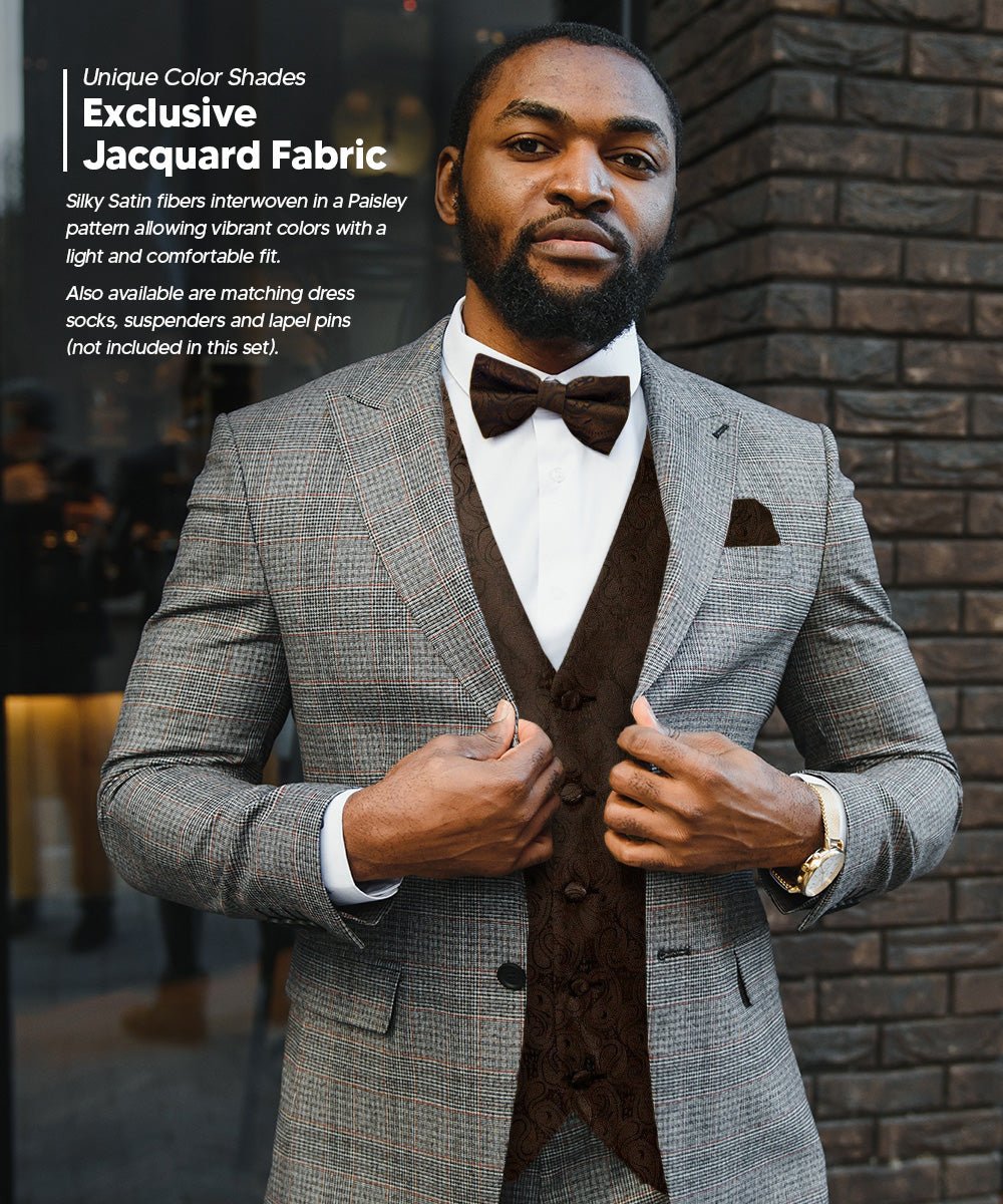 Vittorio Farina Men's Woven Paisley Vest, Necktie, Bow Tie and Pocket Square Set (Black Back)
