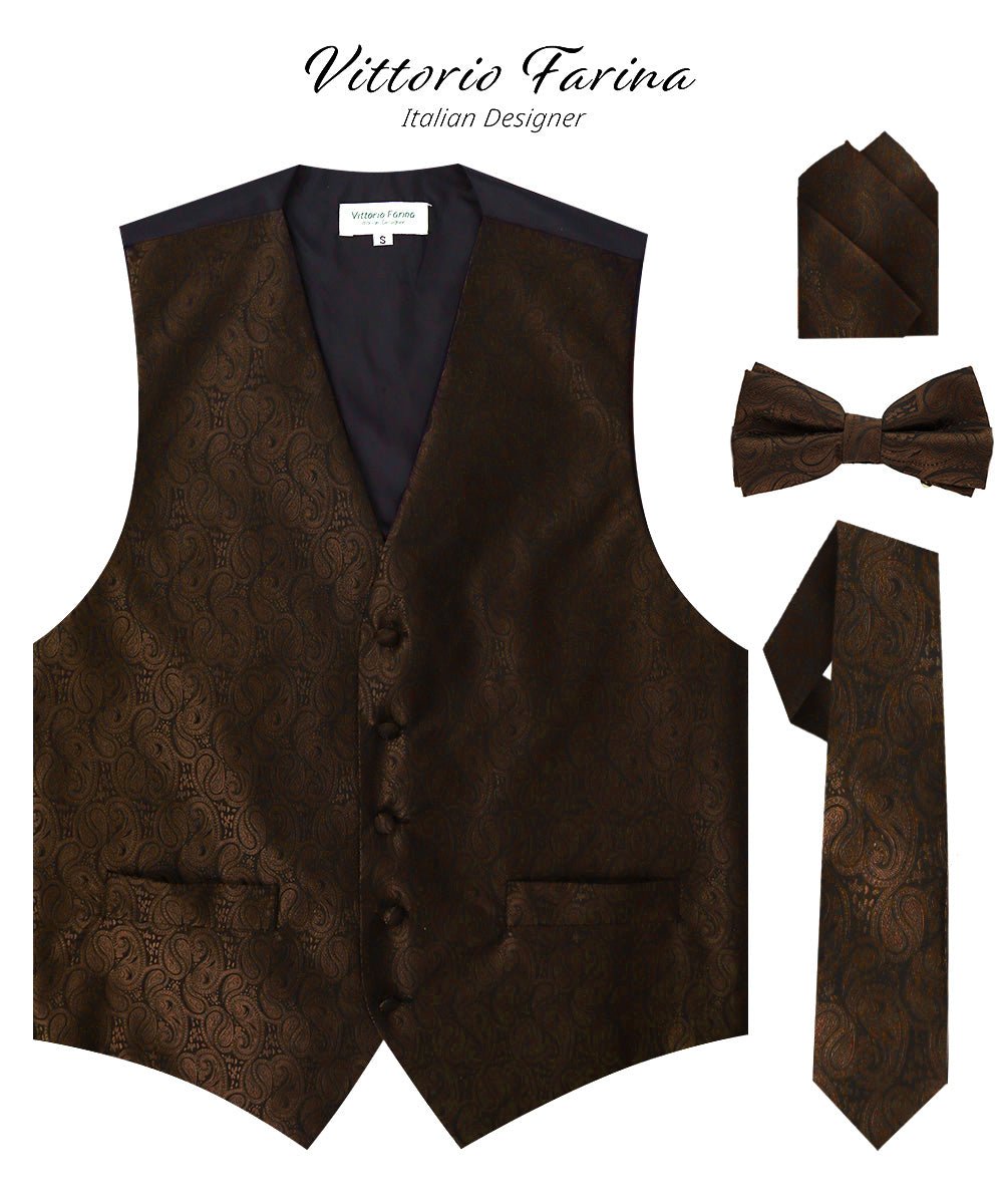 Vittorio Farina Men's Woven Paisley Vest, Necktie, Bow Tie and Pocket Square Set (Black Back)