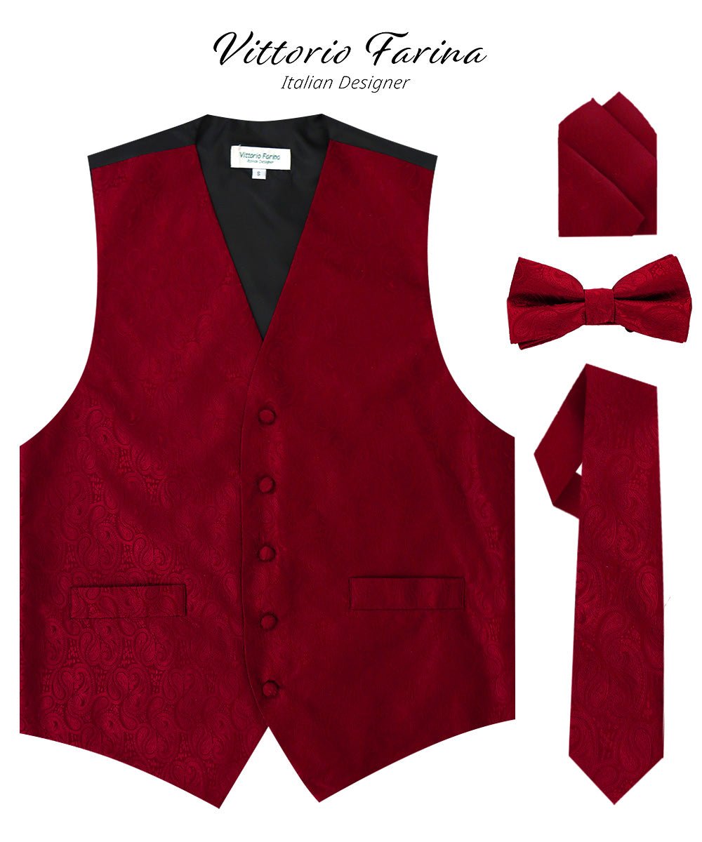 Vittorio Farina Men's Woven Paisley Vest, Necktie, Bow Tie and Pocket Square Set (Black Back)