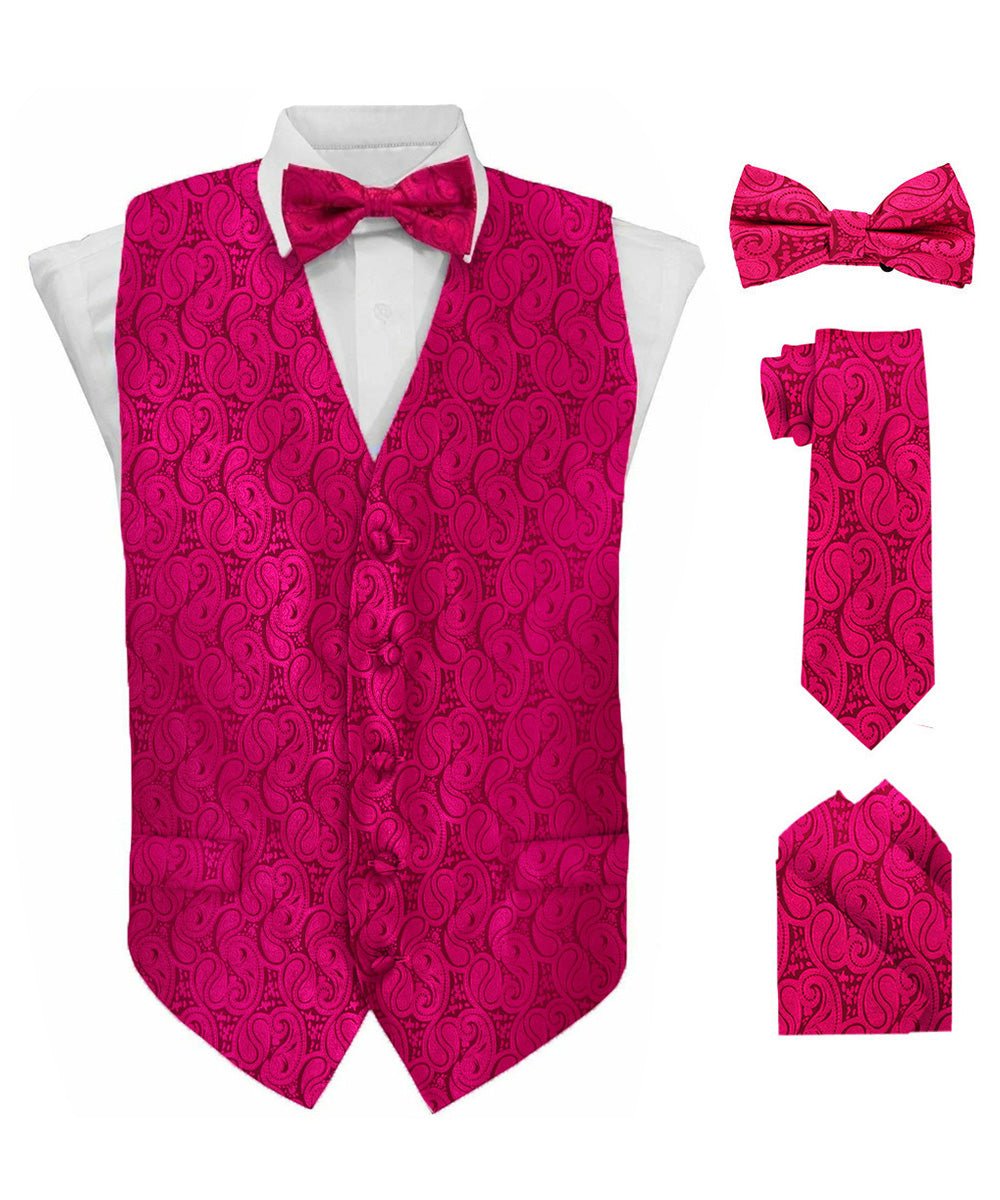 Vittorio Farina Men's Woven Paisley Vest, Necktie, Bow Tie and Pocket Square Set (Black Back)
