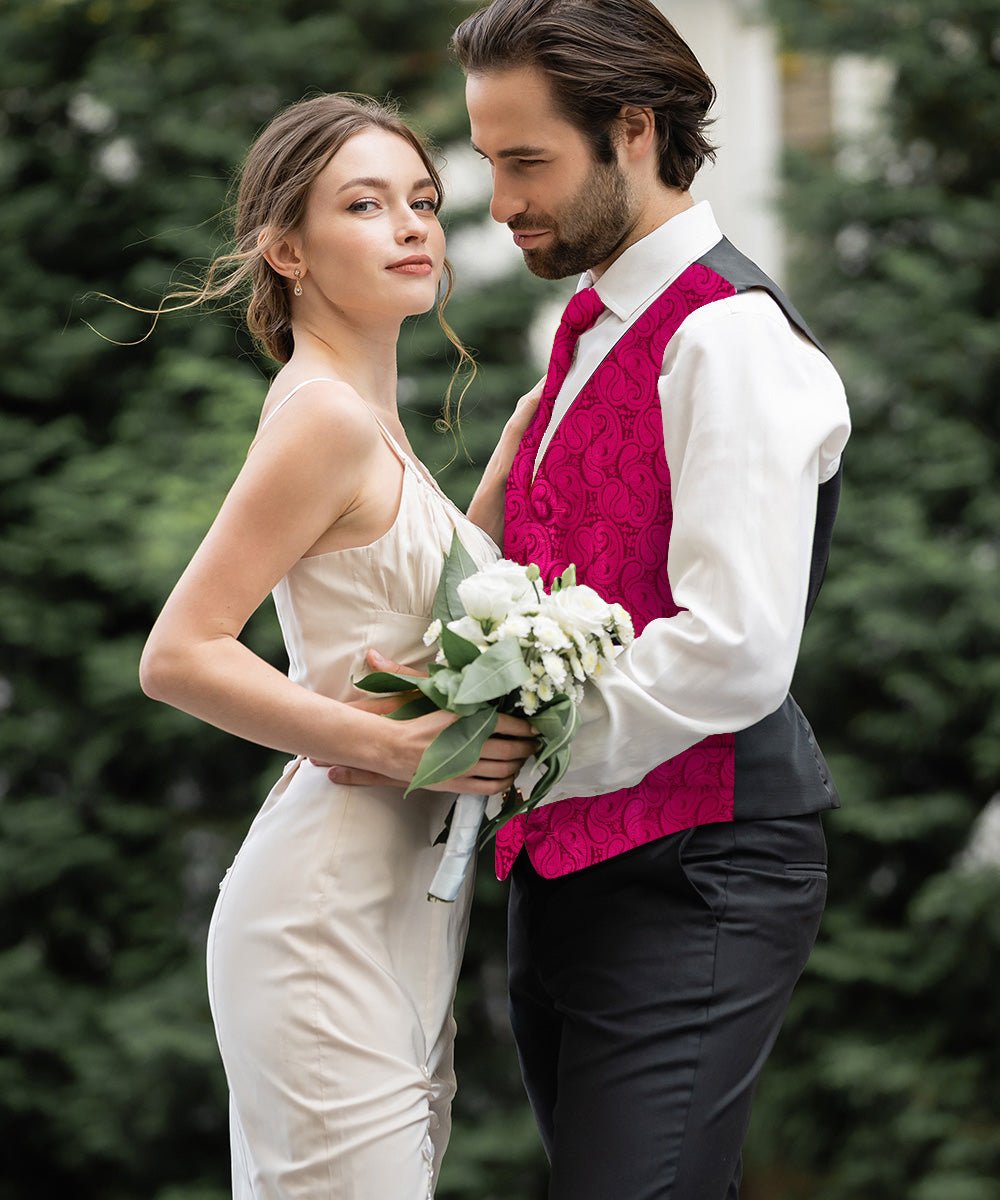 Vittorio Farina Men's Woven Paisley Vest, Necktie, Bow Tie and Pocket Square Set (Black Back)