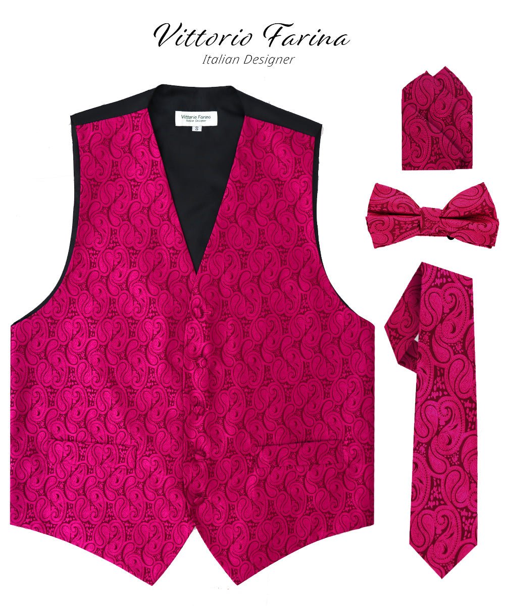 Vittorio Farina Men's Woven Paisley Vest, Necktie, Bow Tie and Pocket Square Set (Black Back)