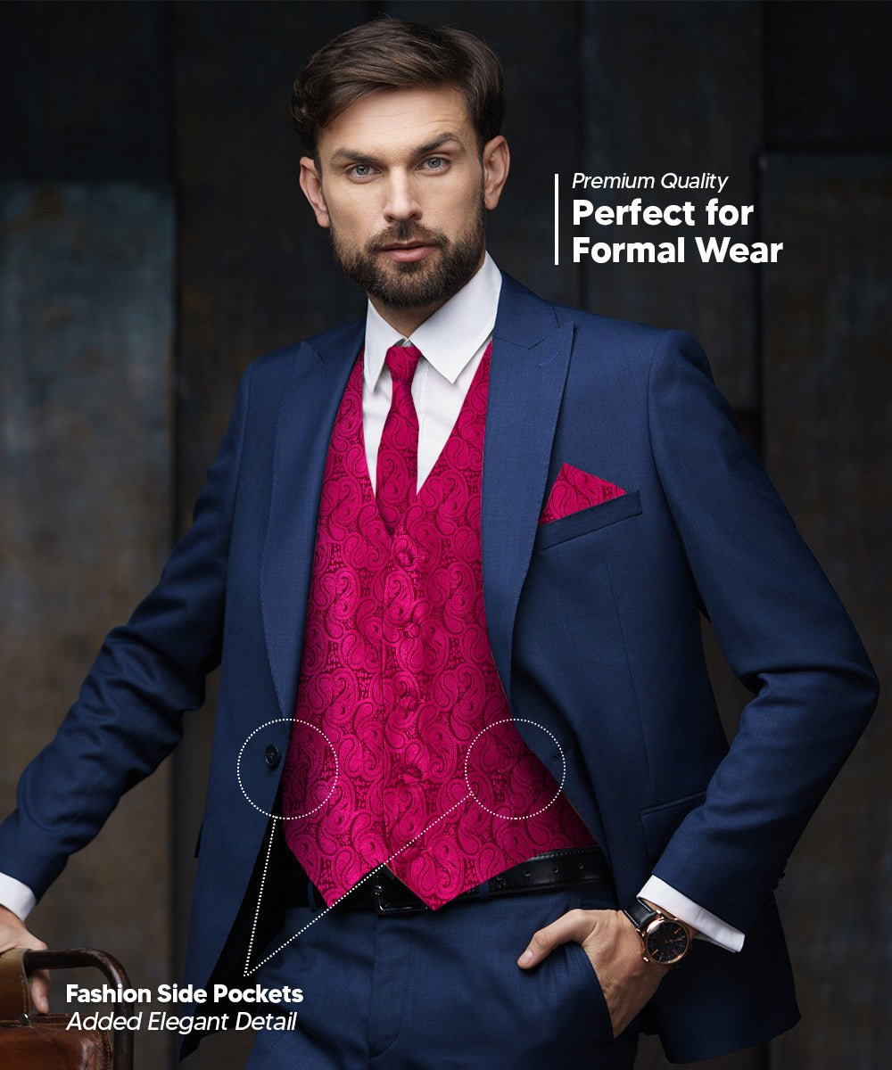 Vittorio Farina Men's Woven Paisley Vest, Necktie, Bow Tie and Pocket Square Set (Black Back)