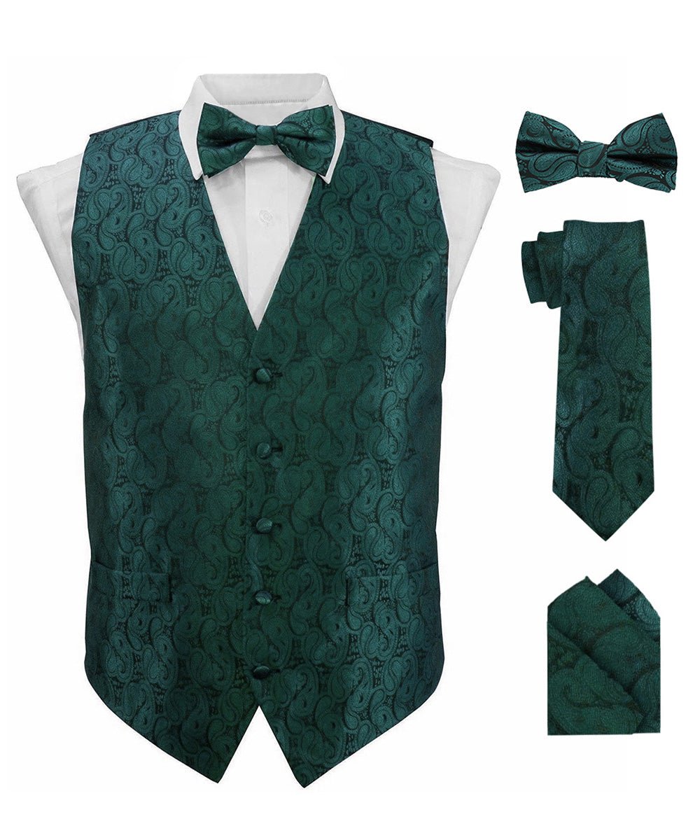 Vittorio Farina Men's Woven Paisley Vest, Necktie, Bow Tie and Pocket Square Set (Black Back)