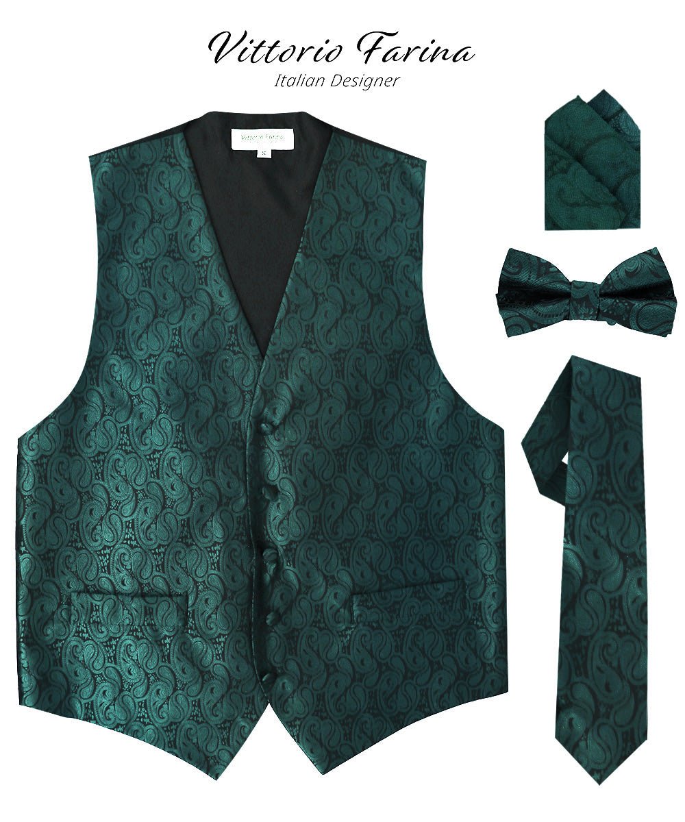 Vittorio Farina Men's Woven Paisley Vest, Necktie, Bow Tie and Pocket Square Set (Black Back)