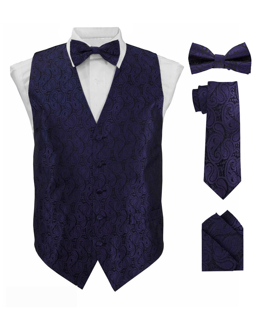 Vittorio Farina Men's Woven Paisley Vest, Necktie, Bow Tie and Pocket Square Set (Black Back)