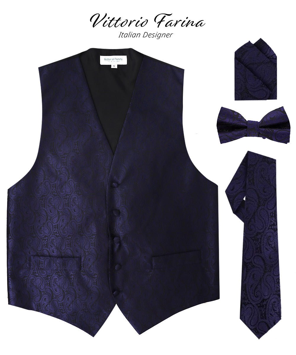 Vittorio Farina Men's Woven Paisley Vest, Necktie, Bow Tie and Pocket Square Set (Black Back)