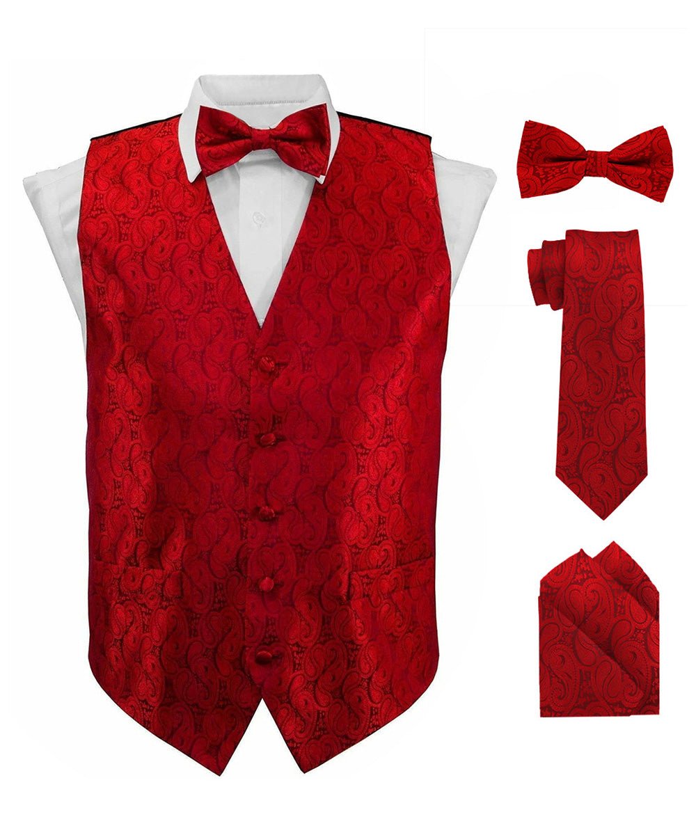 Vittorio Farina Men's Woven Paisley Vest, Necktie, Bow Tie and Pocket Square Set (Black Back)