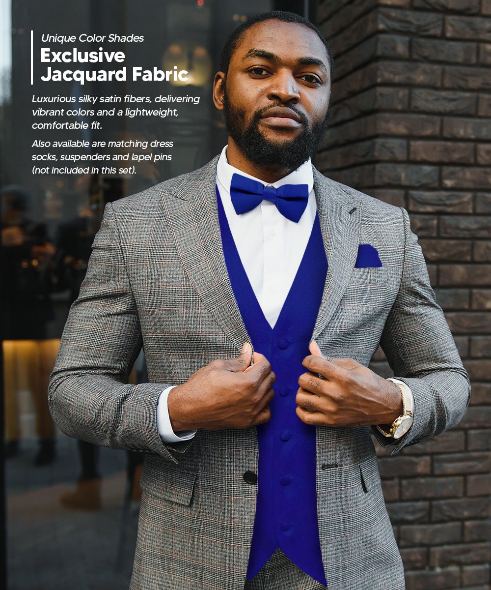 Vittorio Farina Men's Satin Vest, Necktie, Bow Tie and Pocket Square Set (Black Back)