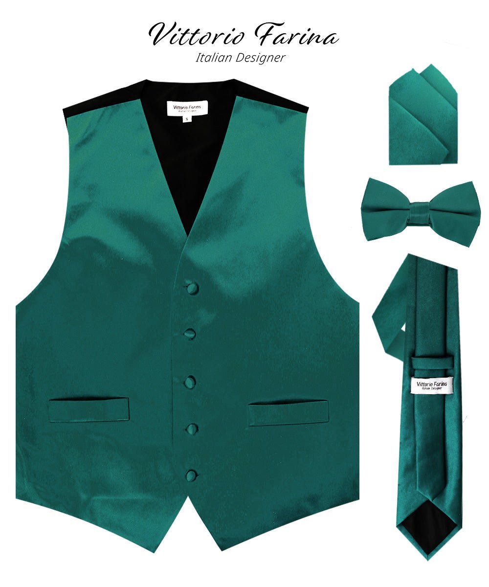 Vittorio Farina Men's Satin Vest, Necktie, Bow Tie and Pocket Square Set (Black Back)