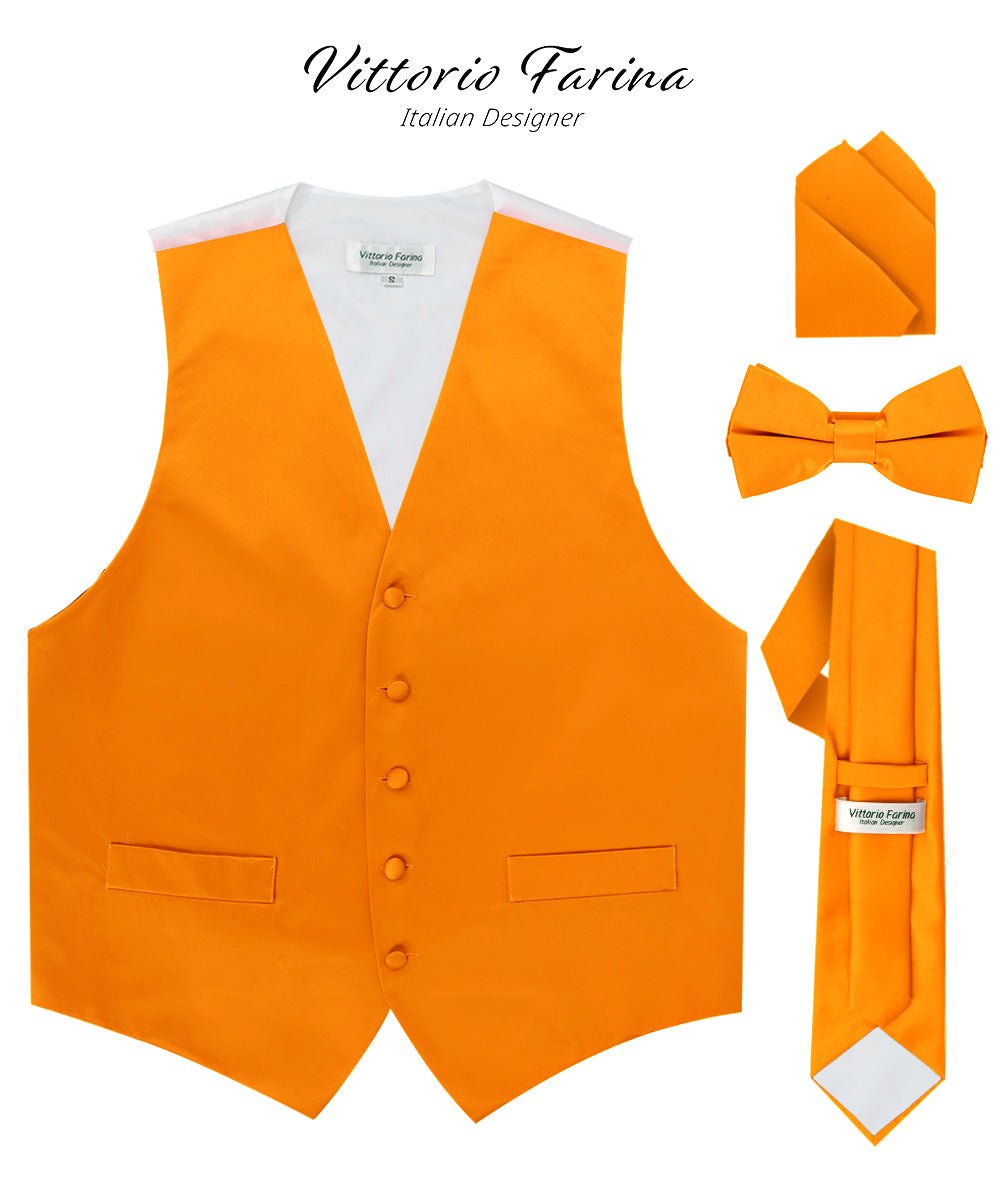 Vittorio Farina Men's Satin Vest, Necktie, Bow Tie and Pocket Square Set (White Back)