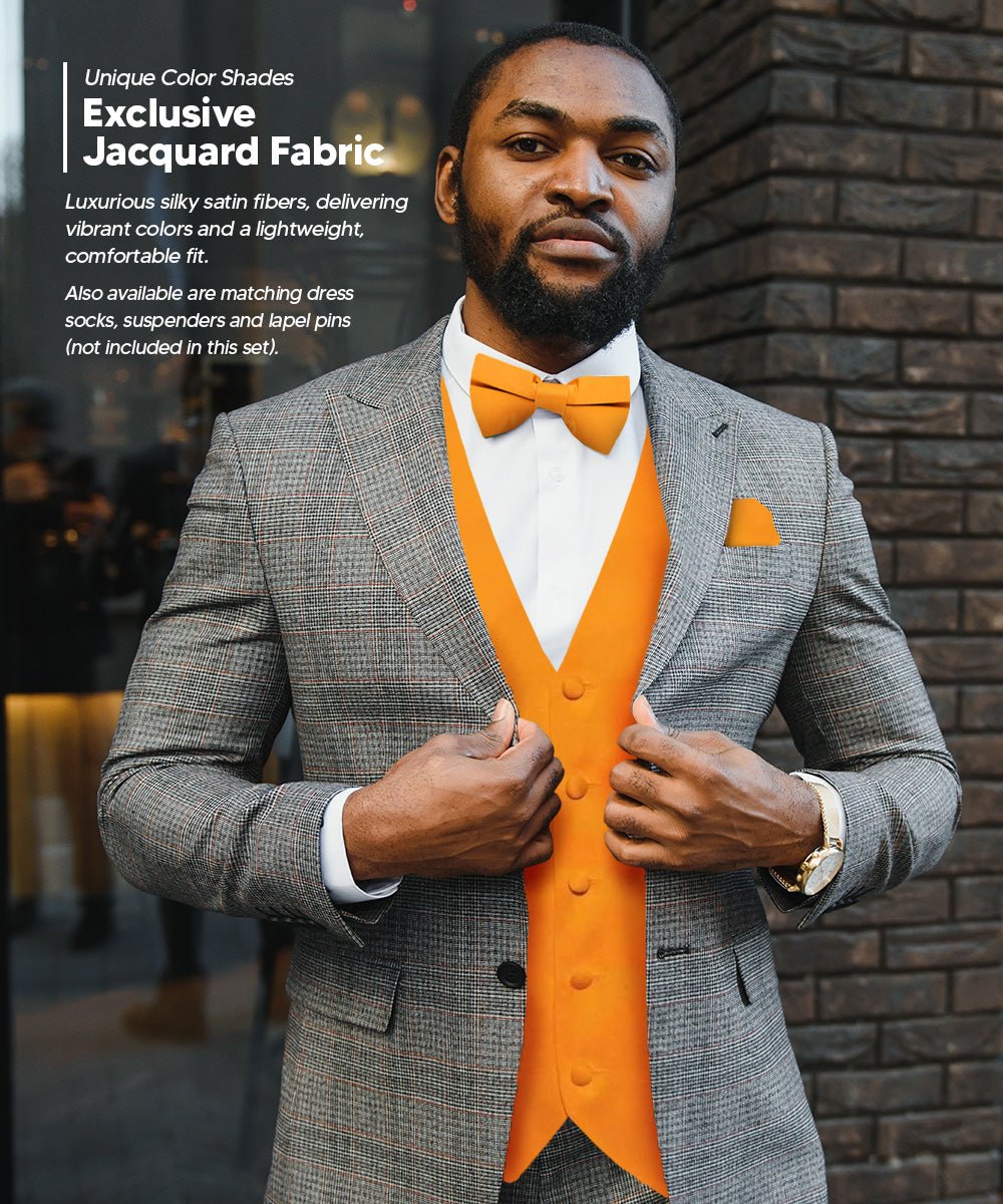 Vittorio Farina Men's Satin Vest, Necktie, Bow Tie and Pocket Square Set (White Back)