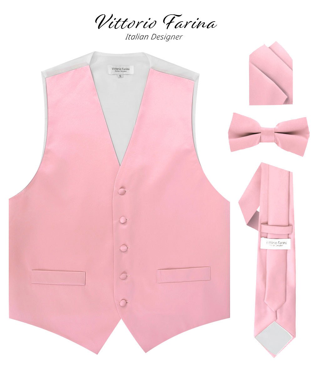 Vittorio Farina Men's Satin Vest, Necktie, Bow Tie and Pocket Square Set (White Back)