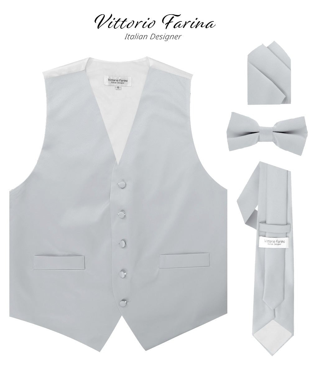 Vittorio Farina Men's Satin Vest, Necktie, Bow Tie and Pocket Square Set (White Back)