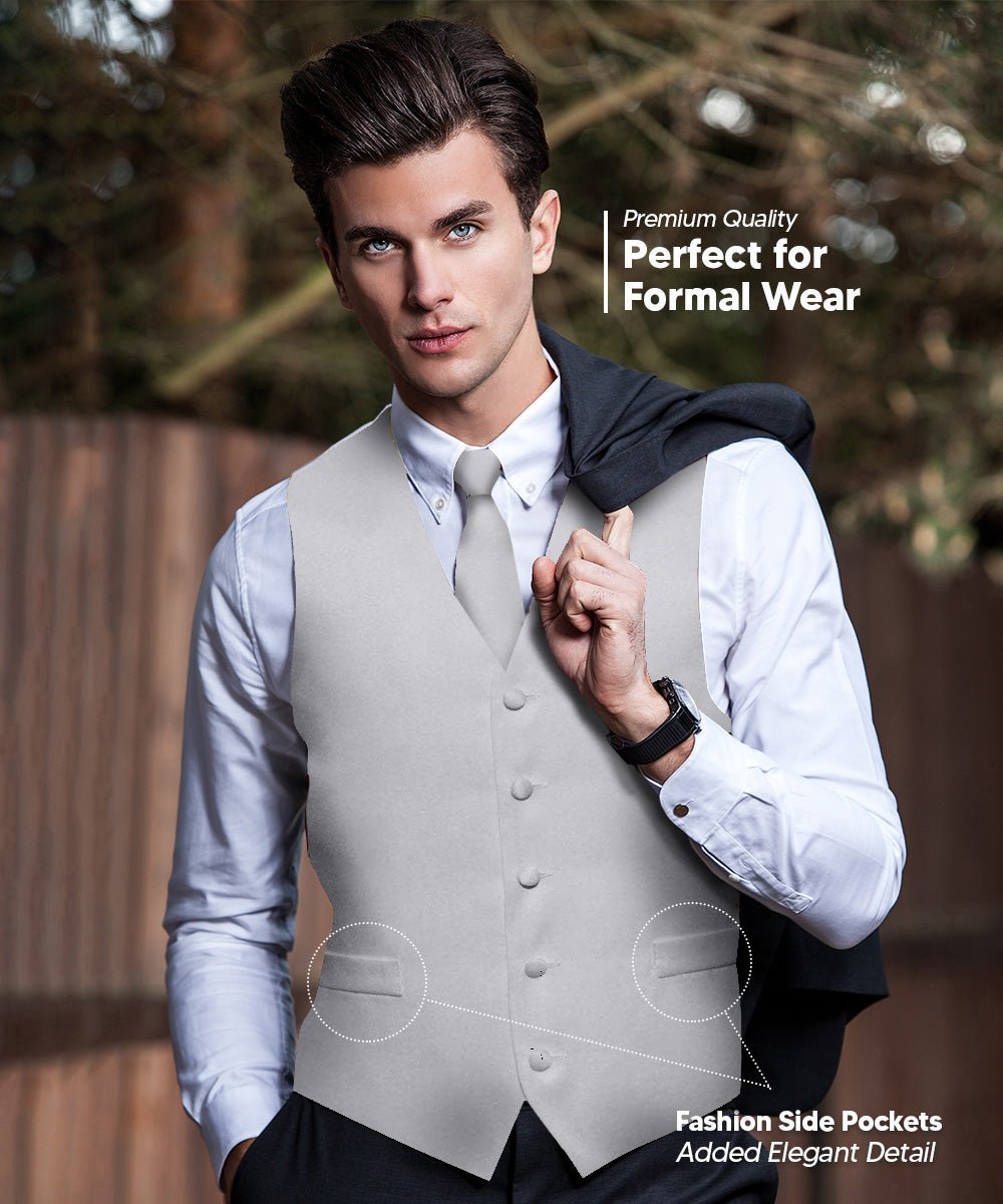 Vittorio Farina Men's Satin Vest, Necktie, Bow Tie and Pocket Square Set (White Back)