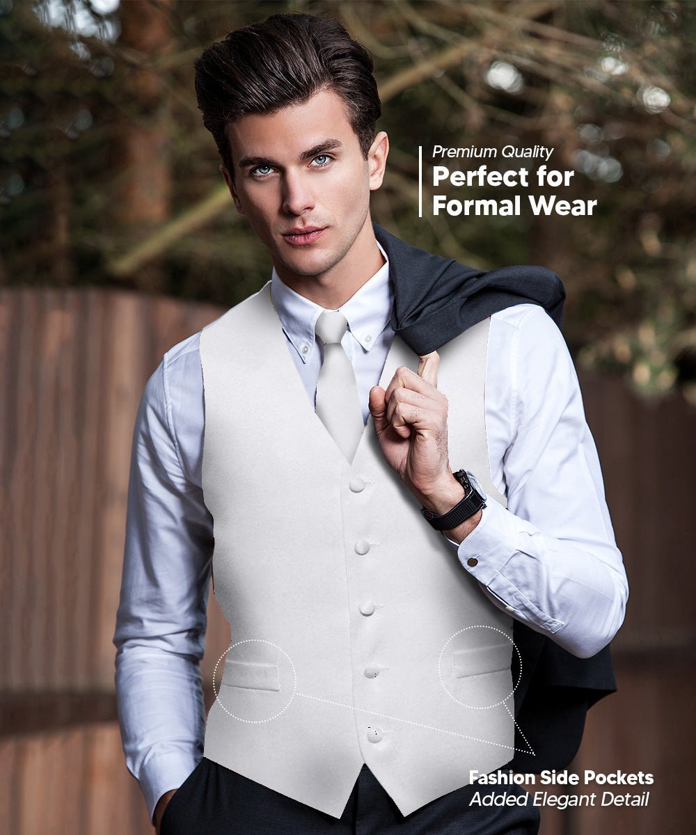 Vittorio Farina Men's Satin Vest, Necktie, Bow Tie and Pocket Square Set (White Back)