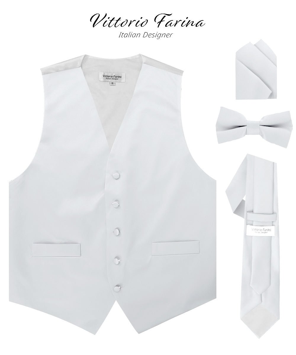 Vittorio Farina Men's Satin Vest, Necktie, Bow Tie and Pocket Square Set (White Back)