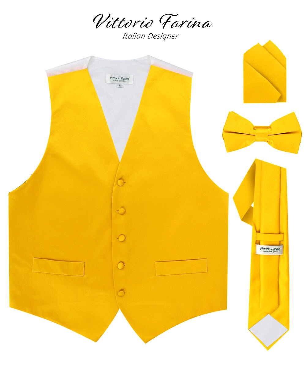 Vittorio Farina Men's Satin Vest, Necktie, Bow Tie and Pocket Square Set (White Back)