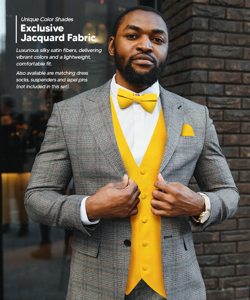 Vittorio Farina Men's Satin Vest, Necktie, Bow Tie and Pocket Square Set (White Back)