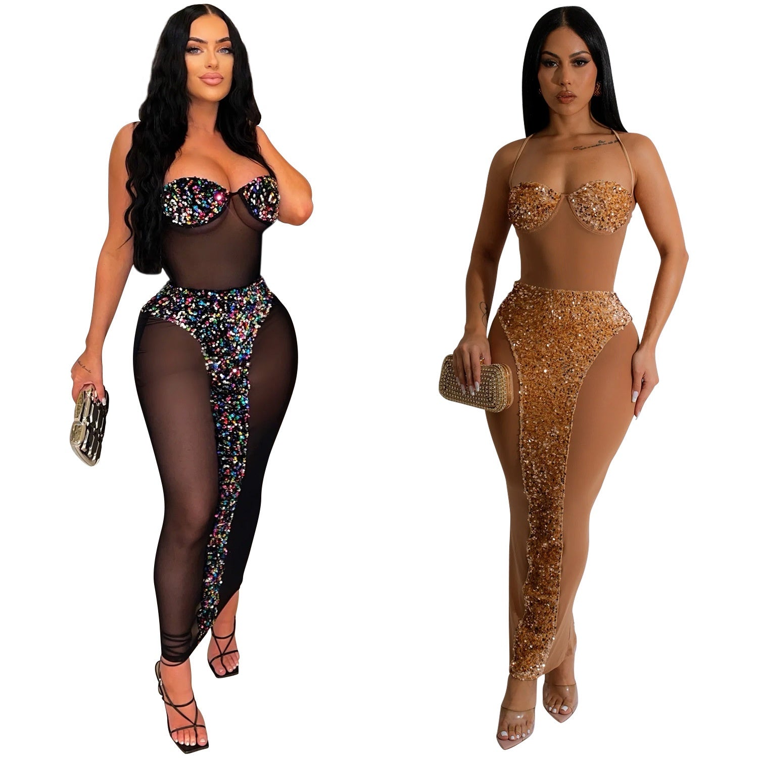 Pure Color Tube-top See-through Beaded Dress