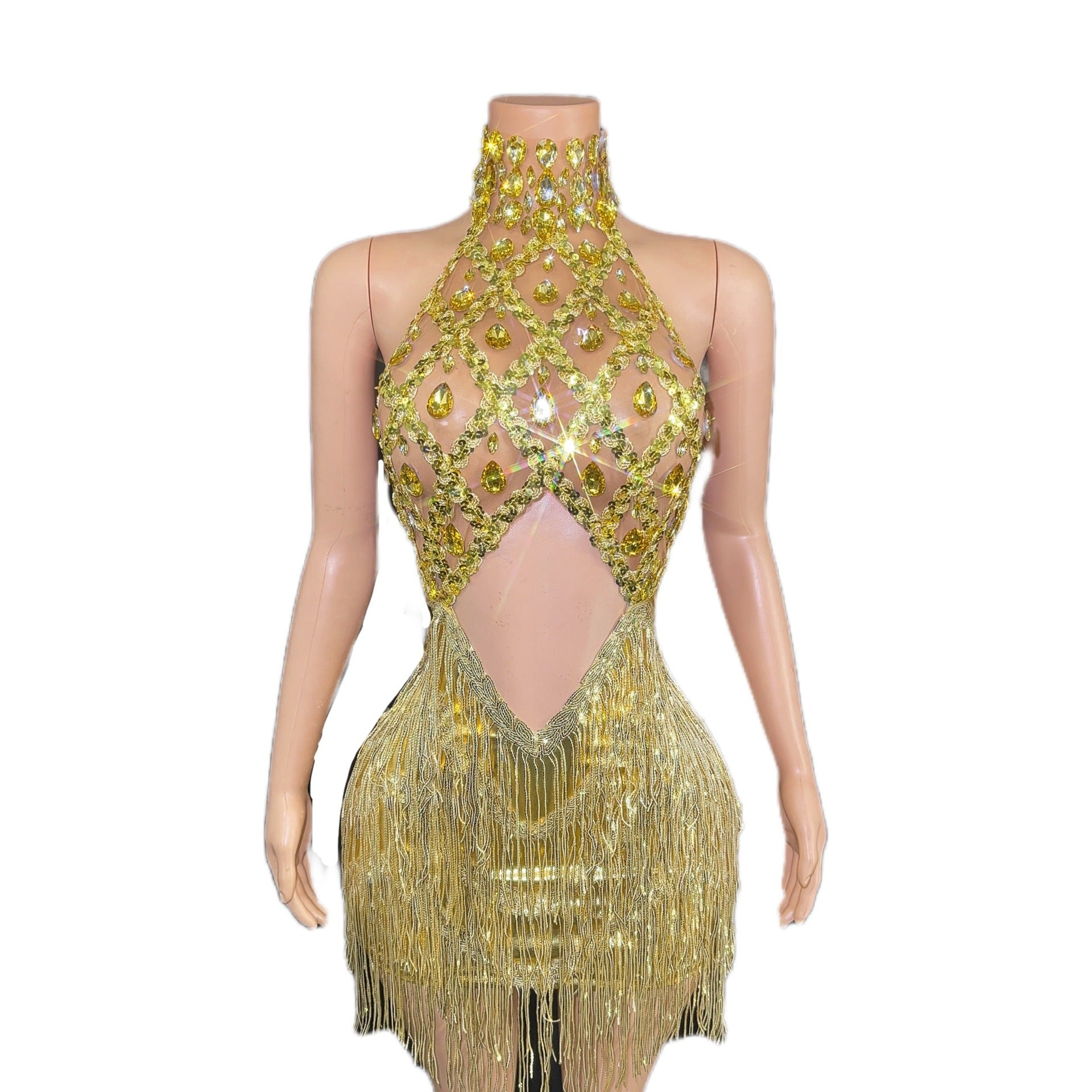 Women's Sequined Tassel Full Diamond Halter Dress