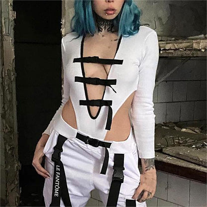 Women Clothing Sexy Underwear School Bag Buckle Decorative Tight Jumpsuit