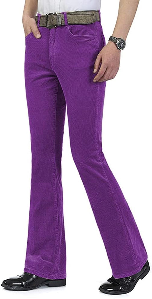 Men Corduroy Bell Bottom Flares Pants Slim Fit 60S 70S Vintage Bootcut Trousers