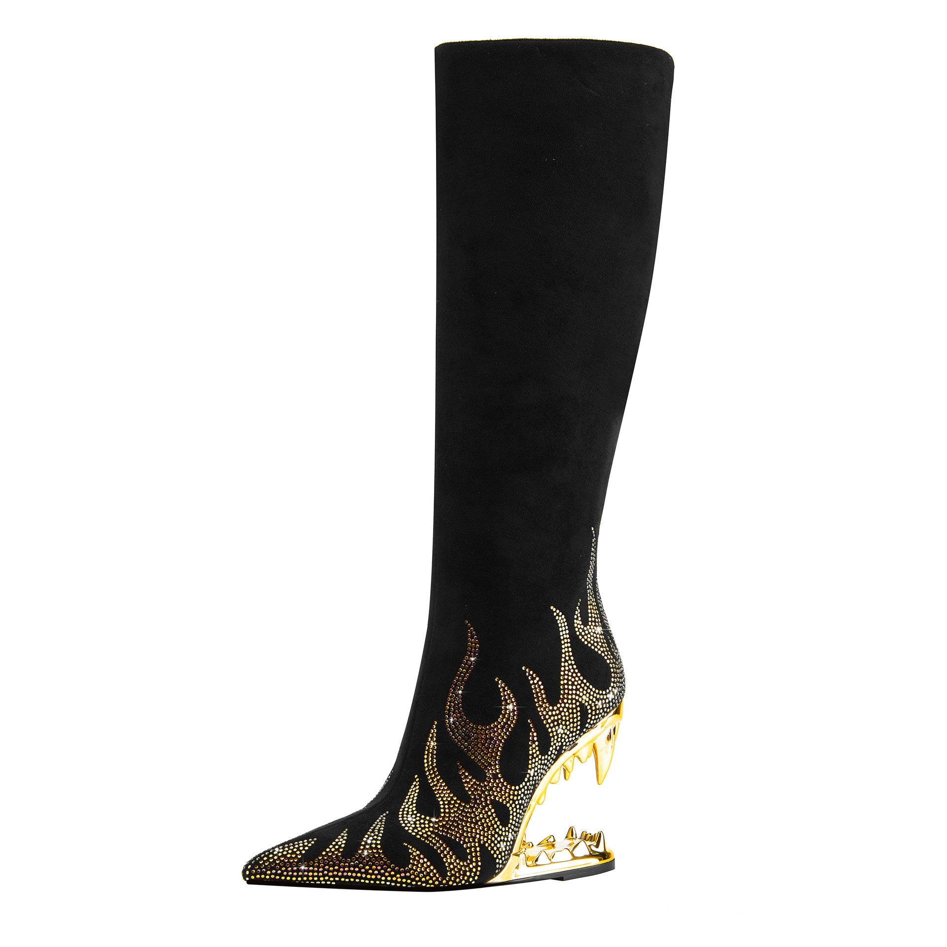 Rhinestone Flame Stretch Boots Tiger Tooth Heel