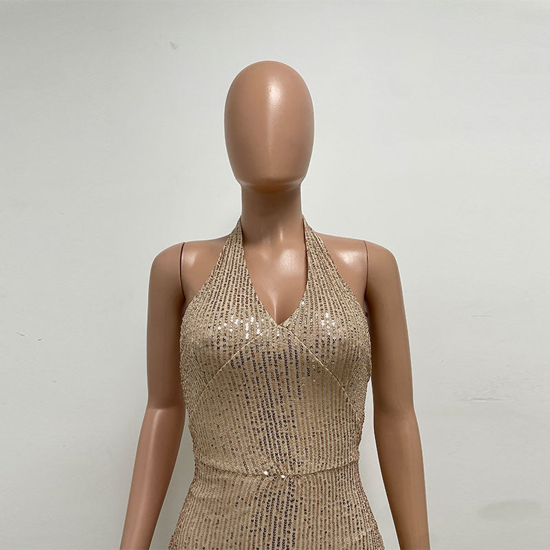 Split-Thigh Backless Sleeveless Halter Fringe Showgirl Sequin Dress