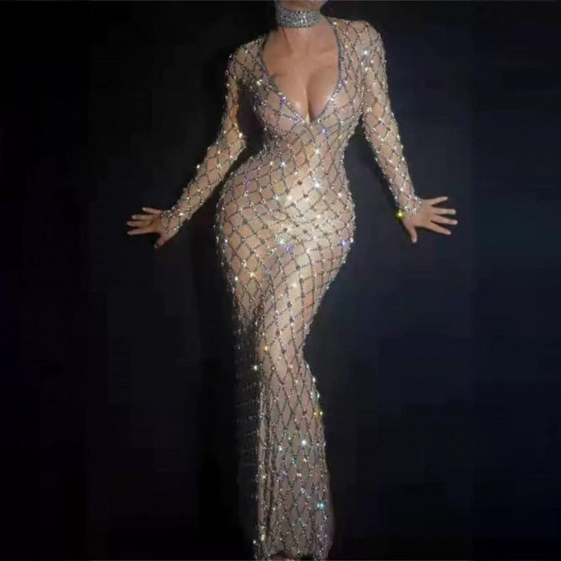 Showgirl Style AB V-Neck Glamour Maxi Dress