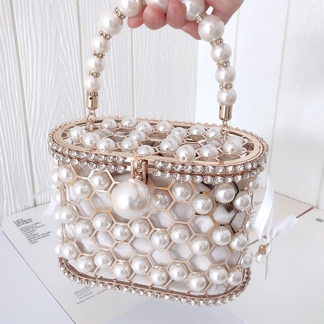 Luxury Pearl Rhinestone Metal Cage Basket Shoulder Bag
