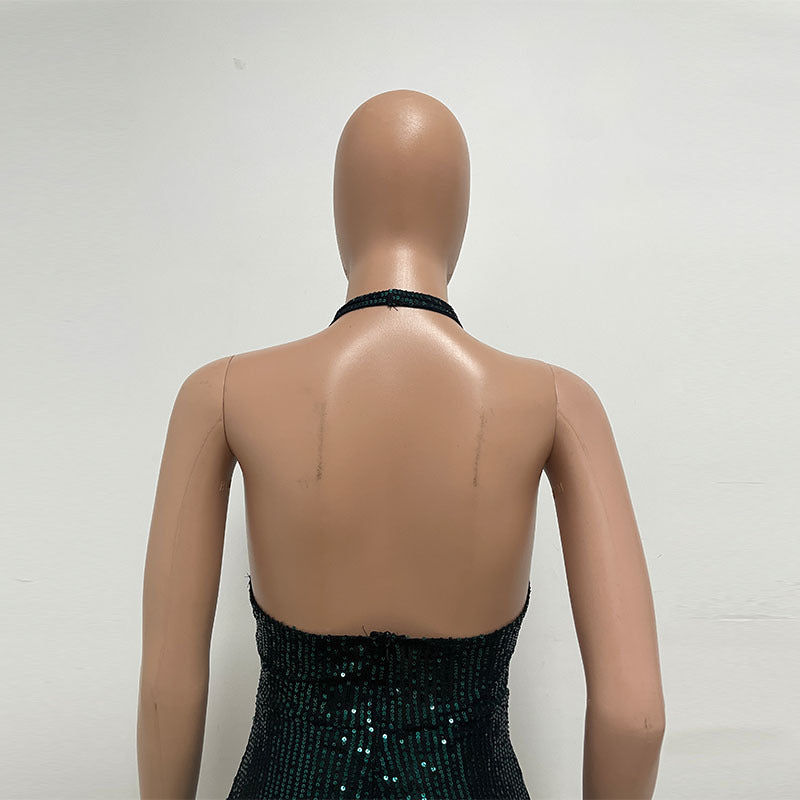 Split-Thigh Backless Sleeveless Halter Fringe Showgirl Sequin Dress