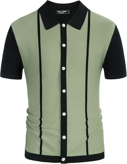 Mens Polo Shirts Vintage Striped Button down Knitted Golf Shirts