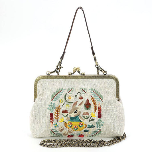Embroidered Bunny on Linen Vintage Style Kisslock Handbag