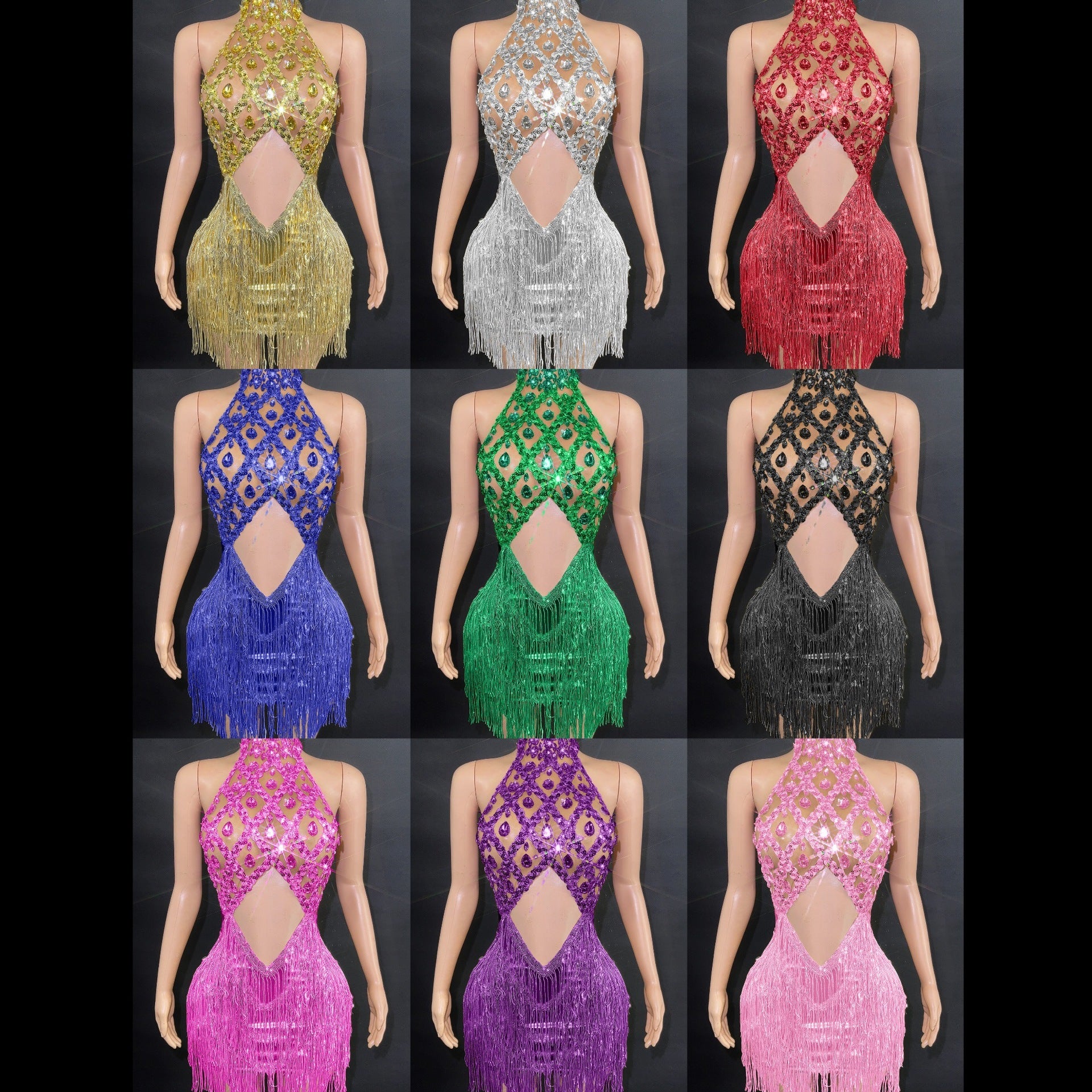 Women's Sequined Tassel Full Diamond Halter Dress
