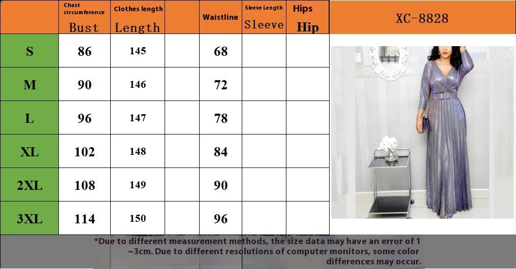 Long Sleeve Bronzing Pleated Dress With Belt