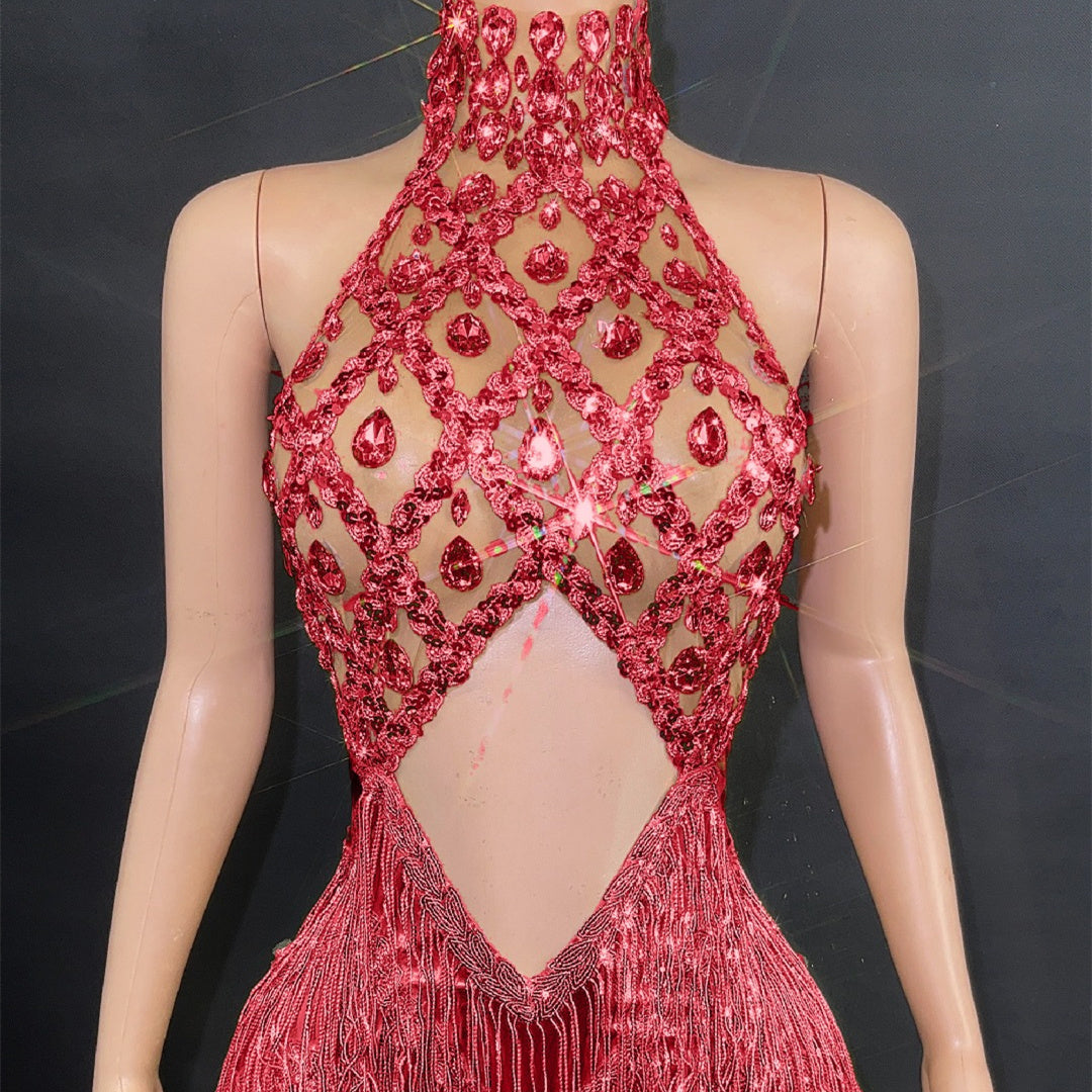 Women's Sequined Tassel Full Diamond Halter Dress