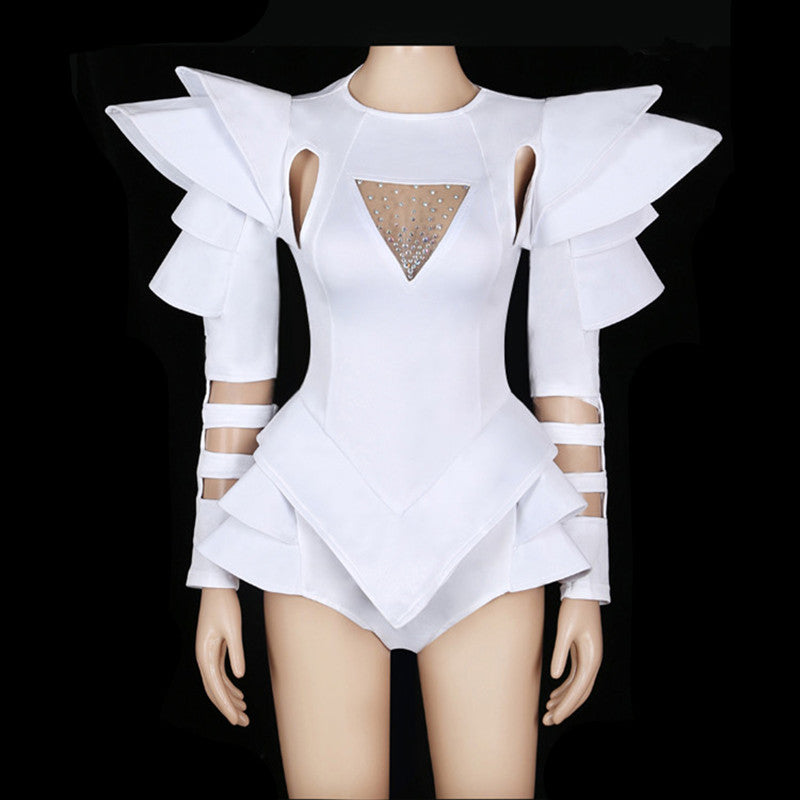 White Rhinestone Bodysuit Female Jazz DJ Dance Costumes