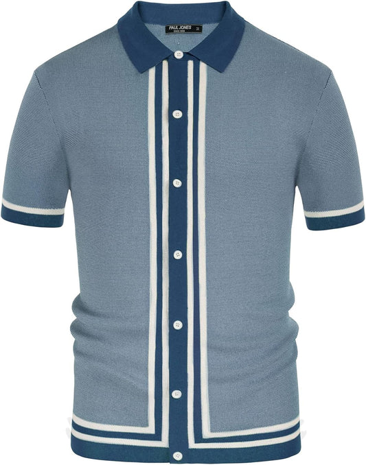 Men'S Vintage Stripe Knit Polo Shirts Short Sleeve Stylish Button down Cardigan Sweater