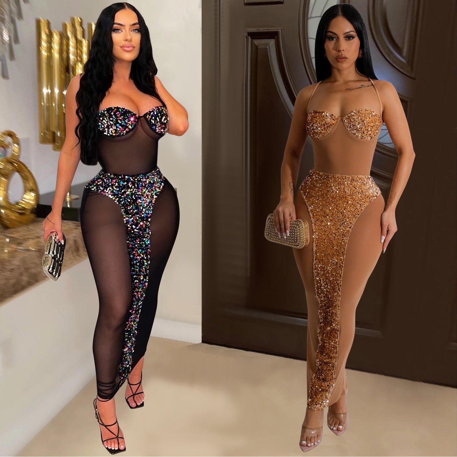 Women's Wear Pure Color Tube-top See-through Beaded Dress