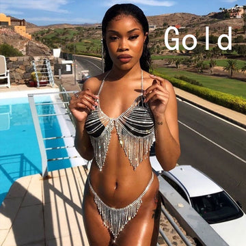 Fashion Rhinestone Fringe Bikini Bra Chain Set