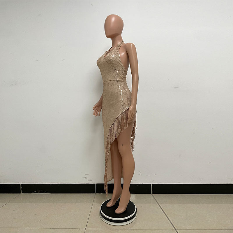 Split-Thigh Backless Sleeveless Halter Fringe Showgirl Sequin Dress